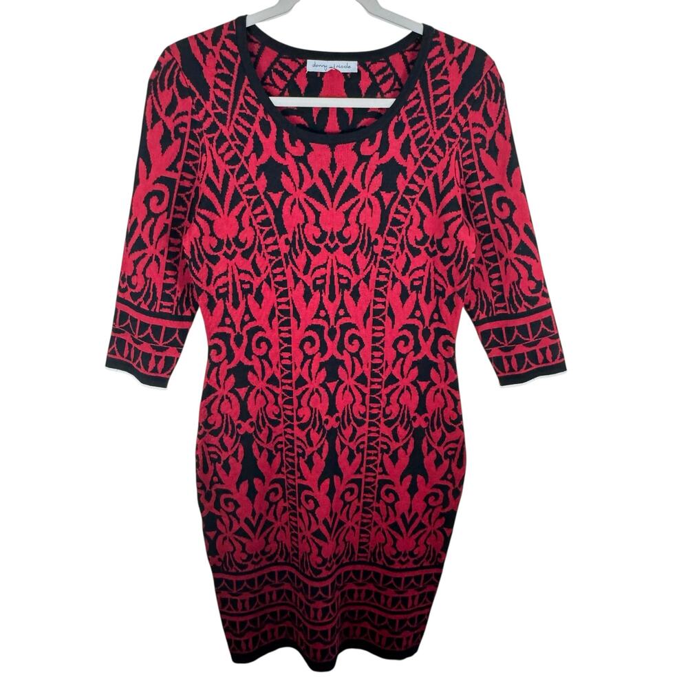Danny And Nicole Red Black 3/4‎ Sleeve Round Neck Sweater Sheath Dress Size M